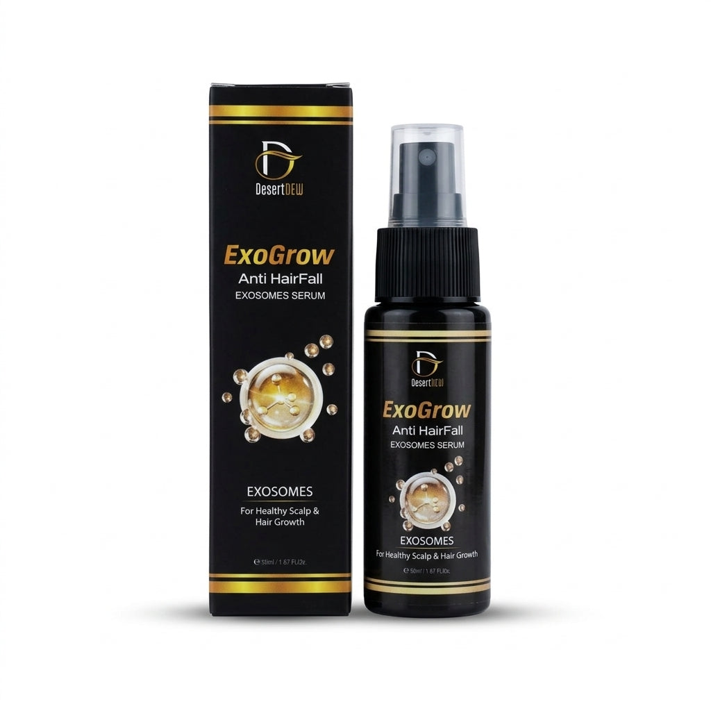 ExoGrow Anti HairFall Exosomes Serum 50ml bottle with its black and gold box on a plain white background