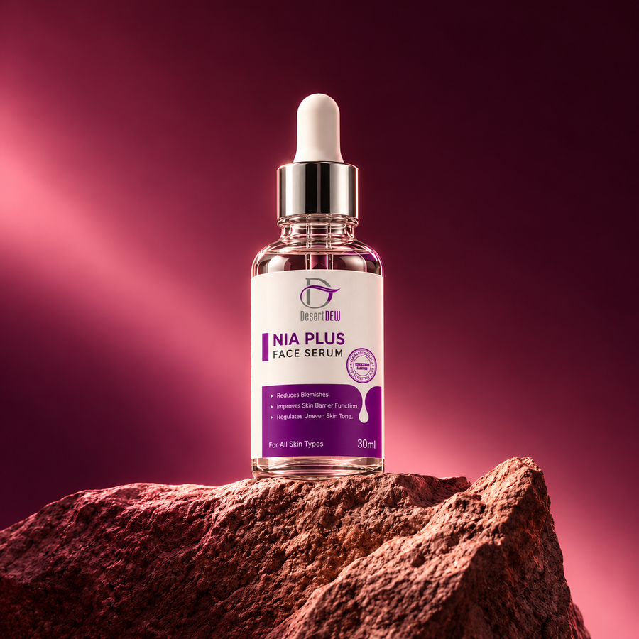 Nia Plus face serum on a burgundy stone