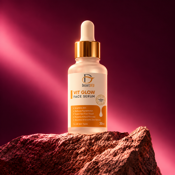 Vit Glow face serum on a rocky pedestal