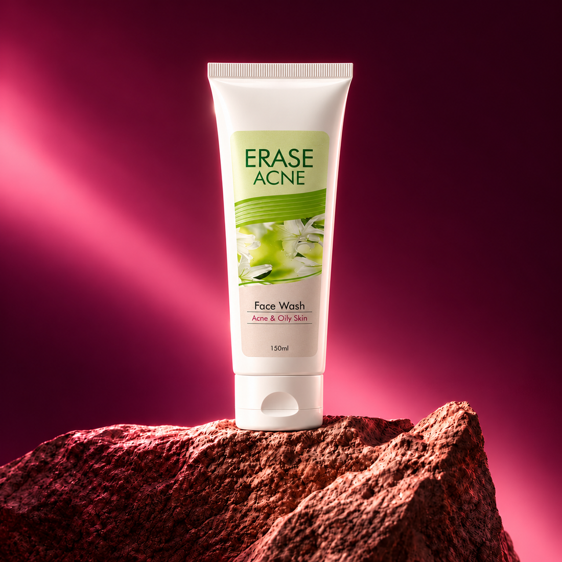 Erase Acne face wash on a rocky pedestal