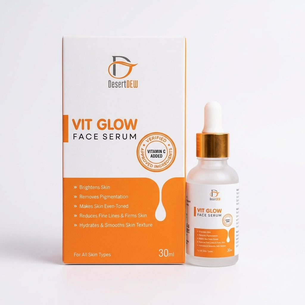 Vit Glow face serum on a rocky pedestal