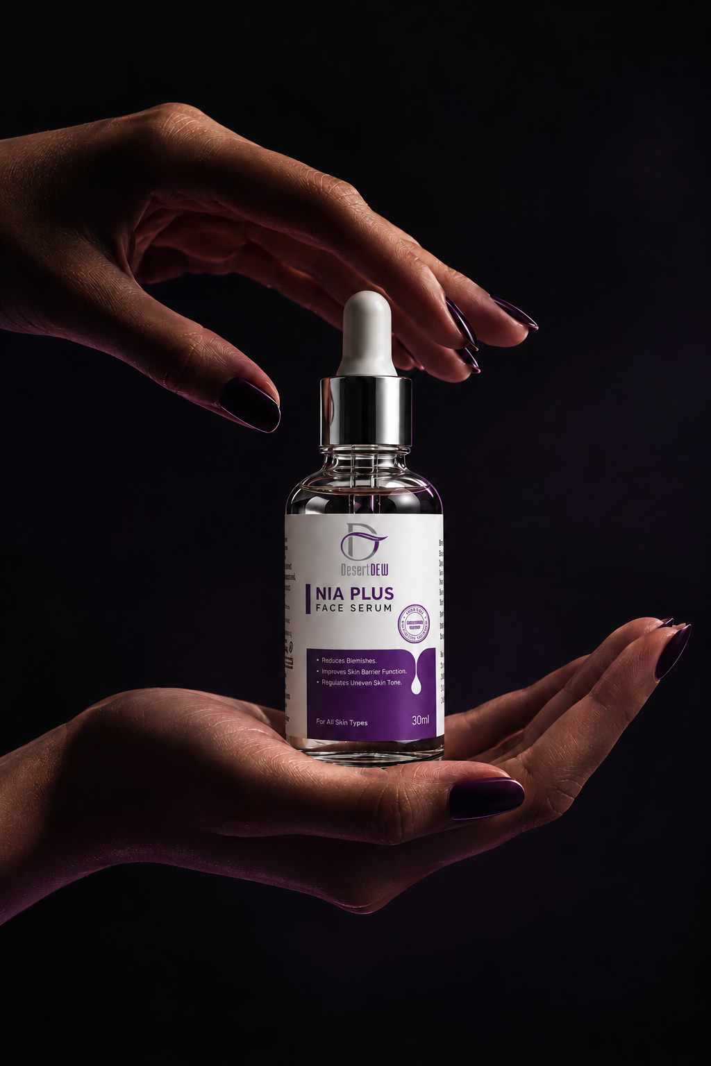 Desert Dew face serum bottle in purple light