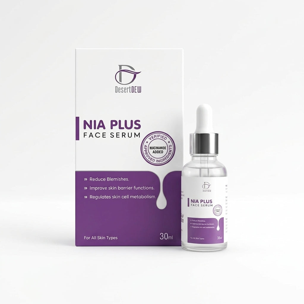 Nia Plus Face Serum 30ml bottle with its box on a plain white background